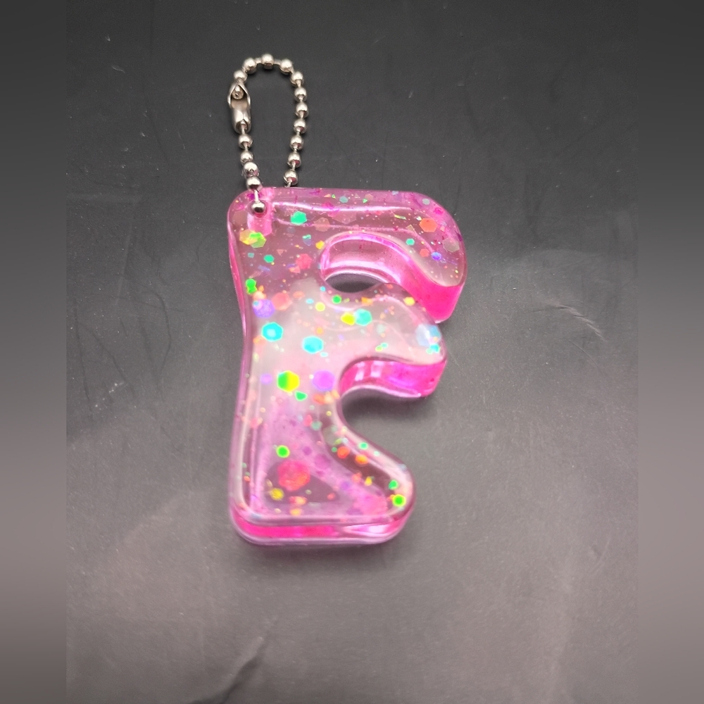 Neon Fluorescent Pink & Glitter Letter F Keychain - Handmade Resin Initial